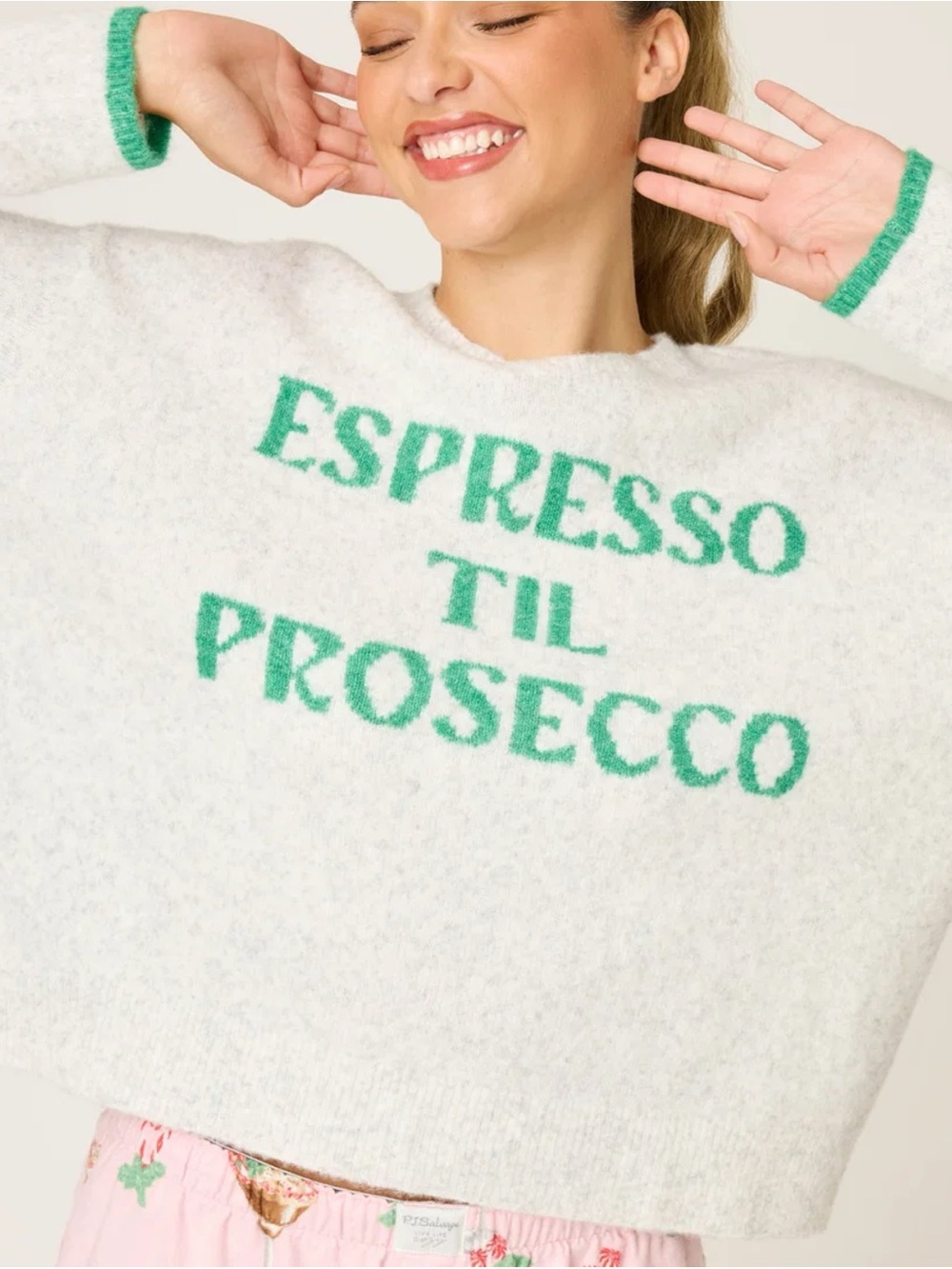 PJ Salvage White Crewneck Lounge Sweater w Green Lettering Espresso Til Prosecco